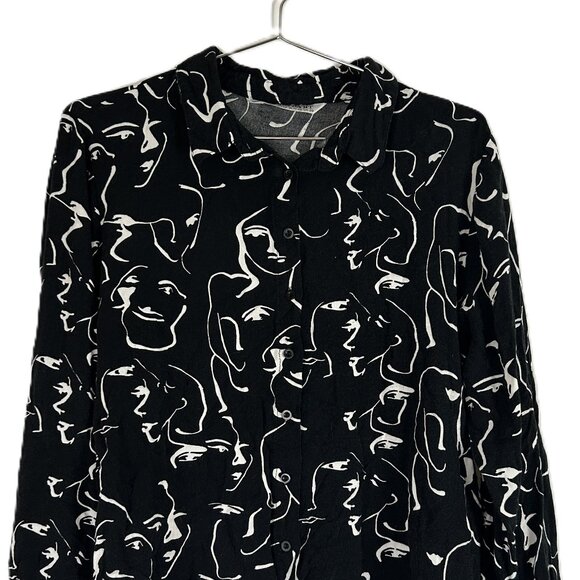 Big Dart Black White Abstract Face Button Shirt L - Picture 2 of 5